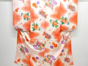 アンティーク　花扇に鴛鴦・鼓模様着物（長襦袢・内袖・刺繍衿付付き）